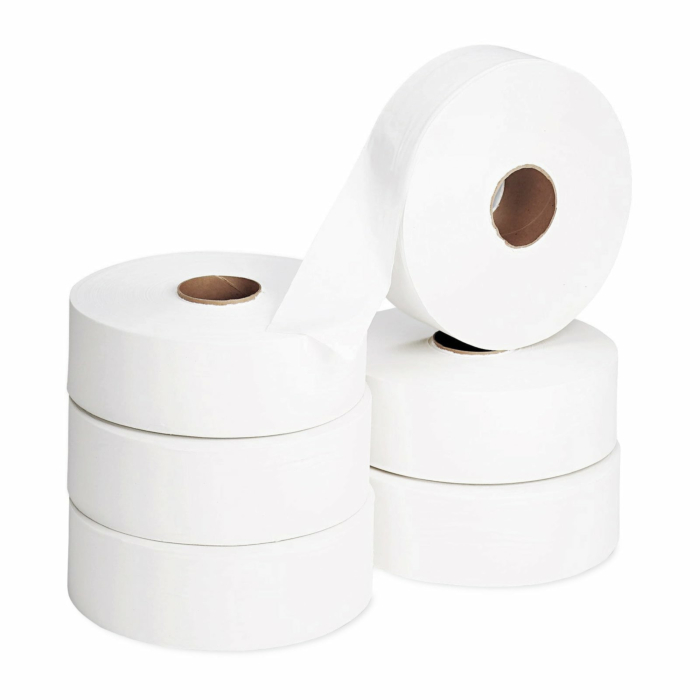 Rouleaux de papier toilette jumbo, pratique et économique. Disponible sur